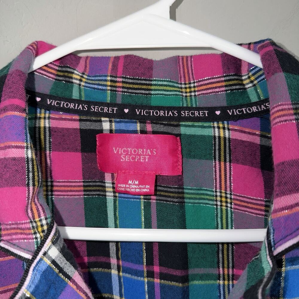 VICTORIA'S SECRET Pink Plaid Drawstring Lounge Pajama Sleep Shirt Flannel Size M - Picture 3 of 6